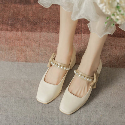 creamtopmall Pearl Bow Ladies Shoes Square Head Elegant Thick Heel Women's Shoes Beaded Shallow Mouth High Heels Sweat Dress Female Pumps