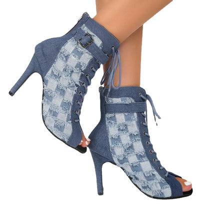 creamtopmall-Rubber Sole Latin Dance Boots Sexy Modern Shoes Dance High-heeled 9cm Sandals Lace-up Hollow Belt Buckle Fashion Square Denim