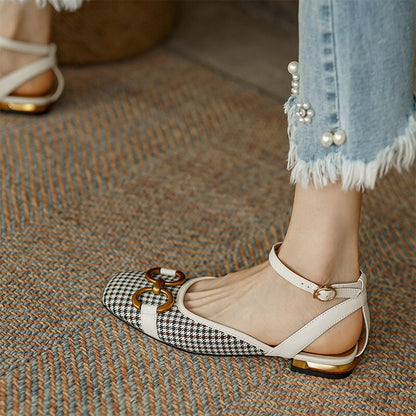 creamtopmall New French Retro Ladies Flats Korean Style One Line Buckle Female Sandals Fashionable Plaid Thick Heel Women's Shoes