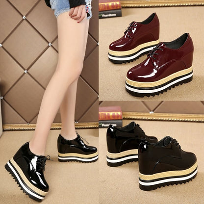 creamtopmall Brand Spring Casual Solid Women Shoes Patent Leather Lace-Up Loafers Platforms Sneakers British Style Ladies Oxfords W4