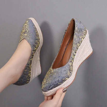 creamtopmall-New Pointed Shallow Mouth Women Wedge Heel Thick Sole Single Shoes Women Straw Woven Twine rope sole Spring Autumn Shoes