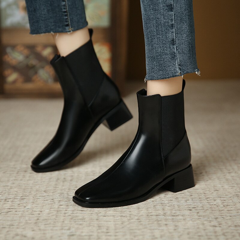 creamtopmall Winter Women's Short Boots Straight Square Toe Thick Med Heel Office Lady Boot Fashion Solid Slip-On Females Barrel Shoes