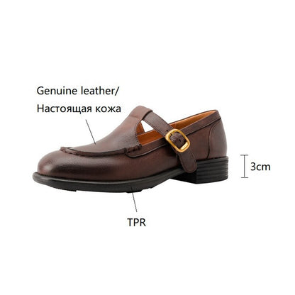 creamtopmall NEW Spring Women's Pumps Genuine Leather Shoes for Women Round Toe Chunky Heel Shoes Retro Low Heel Mary Janes Retro Brown Shoes