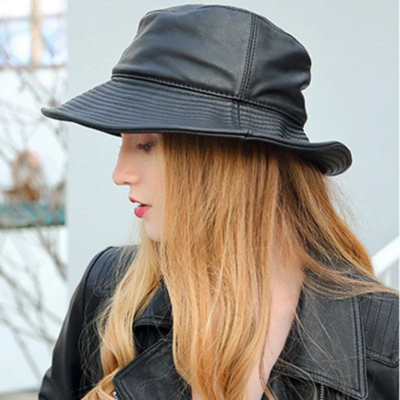 creamtopmall-2024 New Spring/Winter Japanese Women Genuine Leather Bucket Hats Men/Women Black Fisherman Caps Easy Carry Street Bonnet