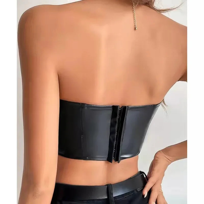 creamtopmall-Sexy Tank Top Glossy PU Leather Halter Crop Tops Women Wrap Chest Bare Midriff Camisole Sleeveless  Tube Top Female Cropped Vest