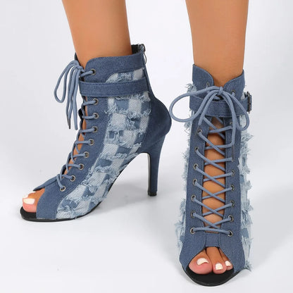 creamtopmall-Rubber Sole Latin Dance Boots Sexy Modern Shoes Dance High-heeled 9cm Sandals Lace-up Hollow Belt Buckle Fashion Square Denim