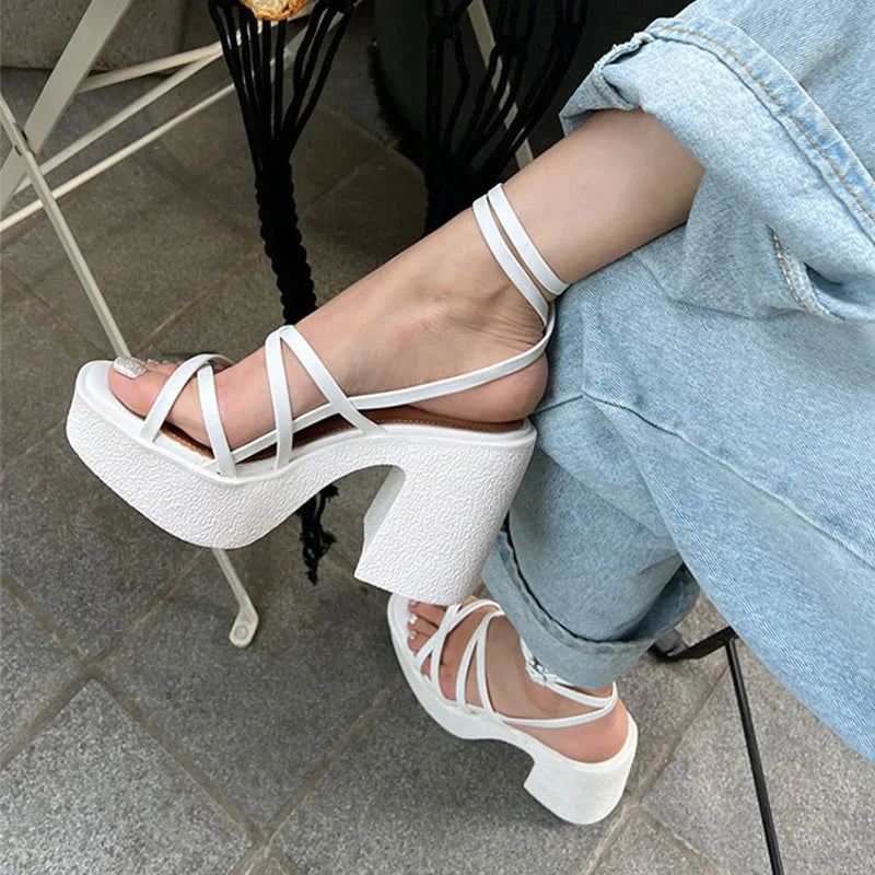 creamtopmall-Brand Women High Heels Party Shoes Chunky Sandals 2023 New Summer Cross Tied Sexy Pumps Rome Ladies Shoes Slippers Mujer Zapatos