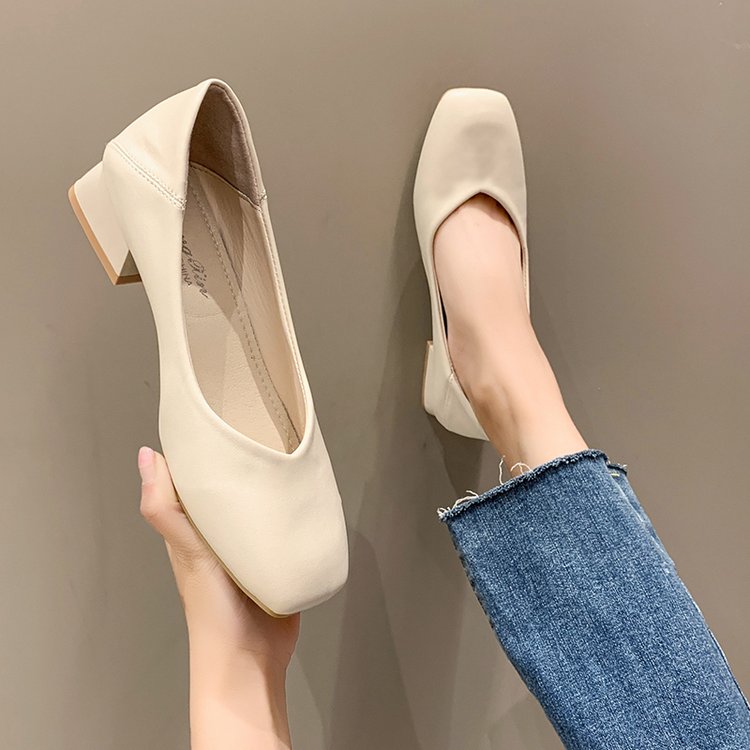 creamtopmall New Fashion Exquisite Ladies Beautiful Solid Color Shallow Mouth Thick Heel Soft Sole Pointed Toe Heel Shoes Ladies High Heels