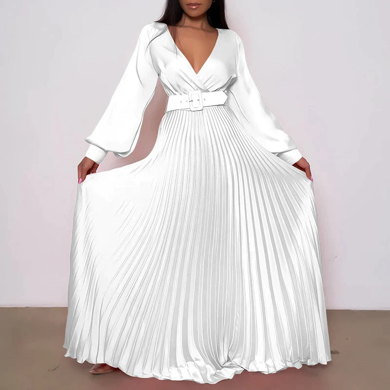 creamtopmall-Women Sexy Deep V-neck Swing Pleated Long Dress Spring High Waist Tie-up Belted Maxi Dress Autumn Long Sleeve Boho Party Dresses