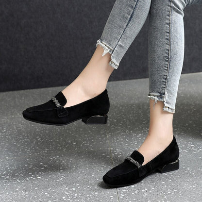 creamtopmall Autumn Winter Women Loafers Low Heels Boat Shoes Square Toe Dress Shoes Chain Faux Suede Plush Warm Ladies Shoes