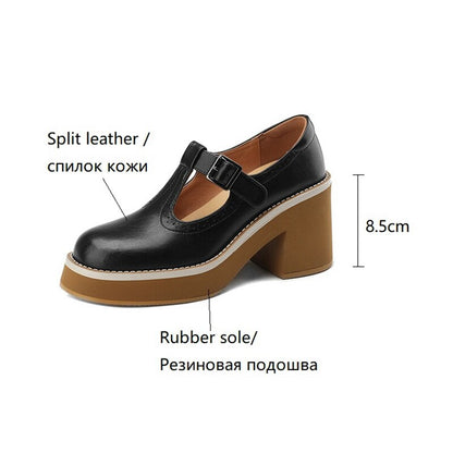 creamtopmall NEW Spring Women Shoes Round Toe Chunky Heel Mary Janes Split Leather Platform Shoes for Women Fashion Solid High Heels Women