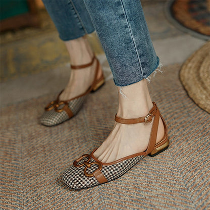 creamtopmall New French Retro Ladies Flats Korean Style One Line Buckle Female Sandals Fashionable Plaid Thick Heel Women's Shoes