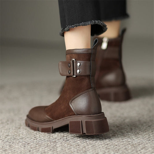 creamtopmall 2023 Autumn Round Toe Women Boots Chunky Heel Shoes For Women Short Boots Belt Buckle Ankle Boots Platform Shoes Knight Boots