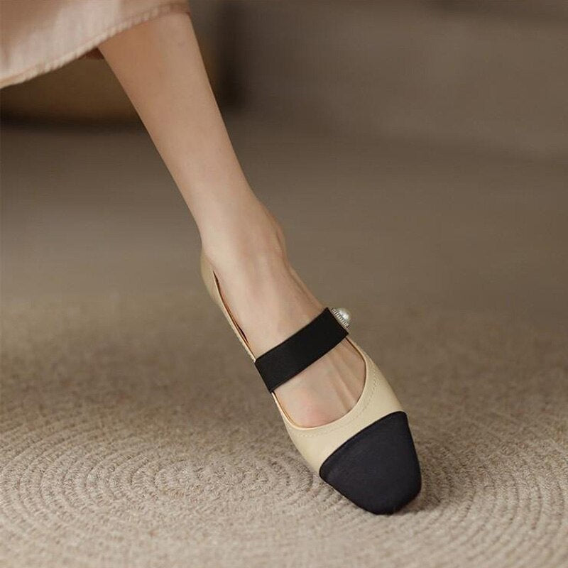 creamtopmall Spring New Ladies Single Shoes Shallow Mouth Color Matching Women's Pumps Classic Pearl Fashionable One-line Belt Female Shoes