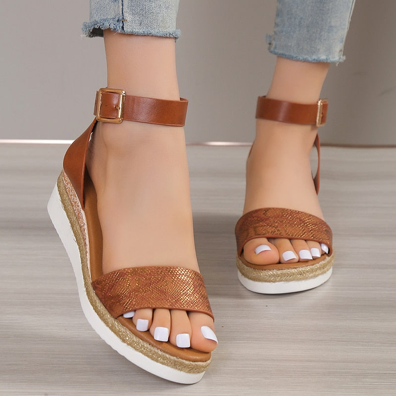 creamtopmall Amkle Strap Wedge Sandals for Women Summer  High Heel Open Toe Buckle Gladiator Shoes Woman Non Slip Platform Sandals Female