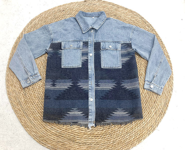 Creamtopmall Retro Aztec Lapel Pocket Denim Patchwork Jacket