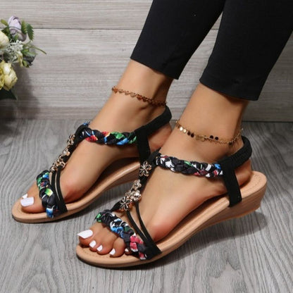 creamtopmall Women Wedges Bohemian Sandals Summer 2023 Flower Non Slip Beach Sandalias Mujer Elastic Band Low Heels Roman Shoes Woman