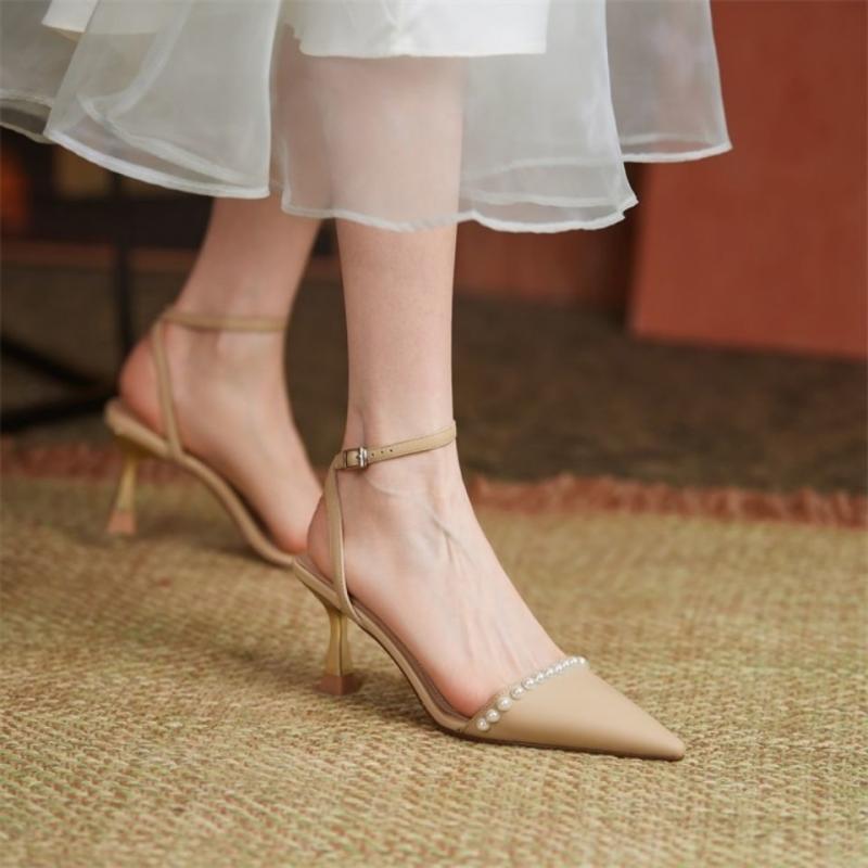 creamtopmall New Summer Women Sandals Temperament Pearl Pointed Toe Stiletto Females Heels Solid Fashion High Quality Office Ladies Shoes