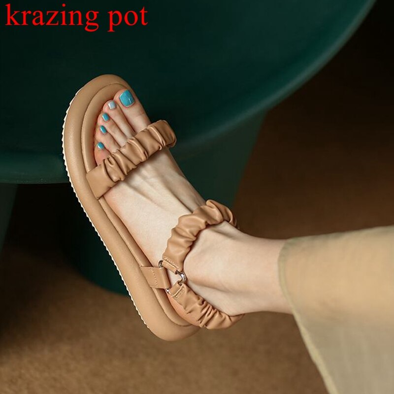 creamtopmall New Summer Woman Sandal Open-toe Low-heeled Platform Pleated Decorative Female Slipper Fashion High Quality Simplicity Lady Shoe