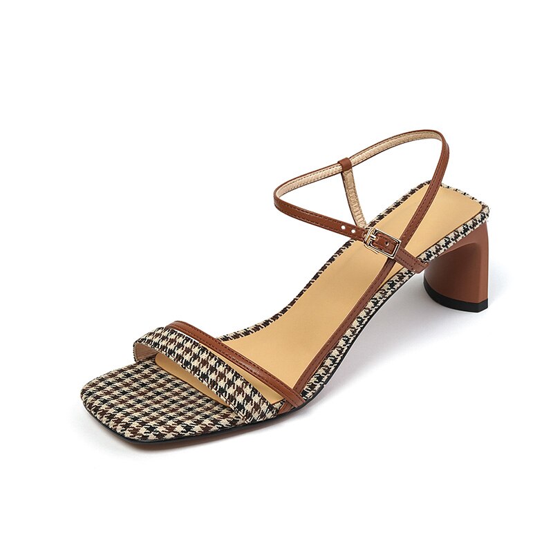 creamtopmall 2023 new Women sandals natural leather 22-25cm Plaid+microfiber leather cross-tied women Open-toe Light luxury retro sandals