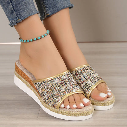 Antmvs  New Fashion Striped Platform Slippers Women Summer Canvas Wedge Sandals Woman Plus Size Non Slip Casual Slippers