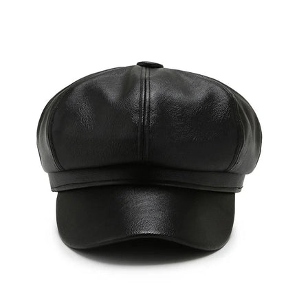 creamtopmall-Women Men PU Leather Berets Hat Retro British Solid Beret Baseball Cap Outdoor Sun Hat Winter Warm Octagonal Hats Newsboy Caps