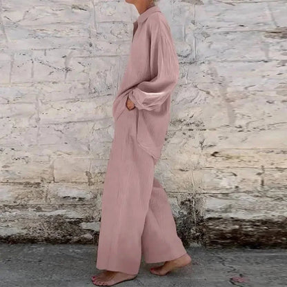 creamtopmall-Harajuku Vintage Solid Cotton Linen Women Sets Simple Casual V-neck Top Pullover & Wide Leg Pants Outfits Spring Fall Loose Suit