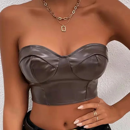 creamtopmall-Sexy Tank Top Glossy PU Leather Halter Crop Tops Women Wrap Chest Bare Midriff Camisole Sleeveless  Tube Top Female Cropped Vest