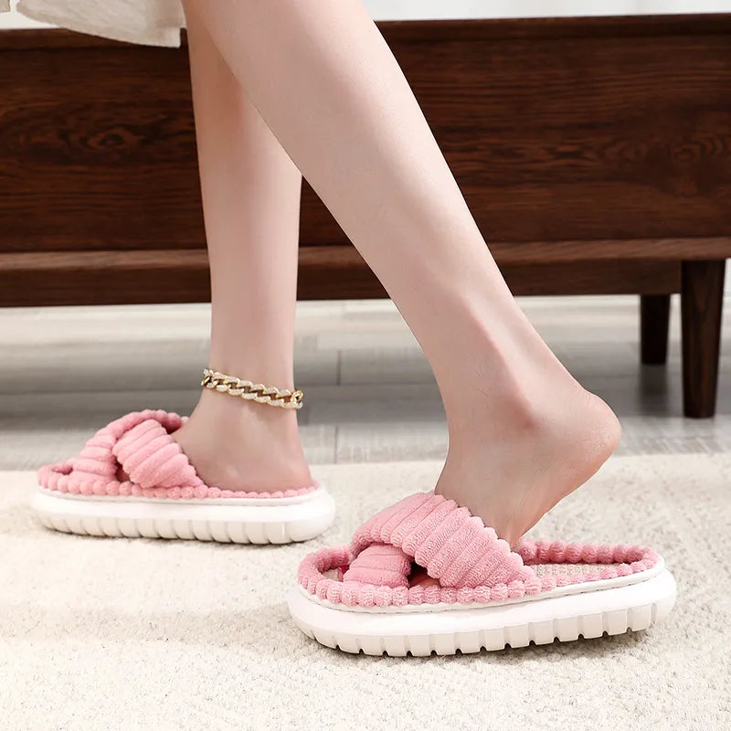 creamtopmall-2024 rNew Women Home Slippers Open-Toe Cross Band Linen Soled Indoor Slides Linen Soled Non-Slip Bathroom Slippers