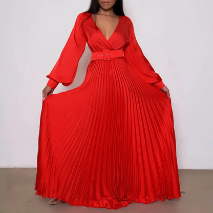 creamtopmall-Women Sexy Deep V-neck Swing Pleated Long Dress Spring High Waist Tie-up Belted Maxi Dress Autumn Long Sleeve Boho Party Dresses