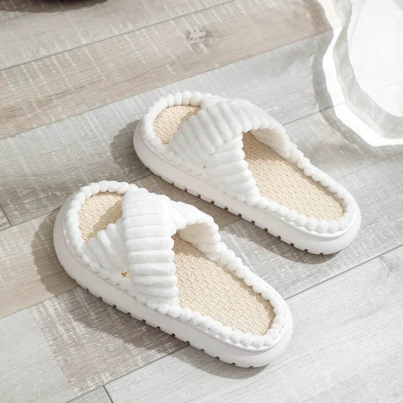 creamtopmall-2024 rNew Women Home Slippers Open-Toe Cross Band Linen Soled Indoor Slides Linen Soled Non-Slip Bathroom Slippers