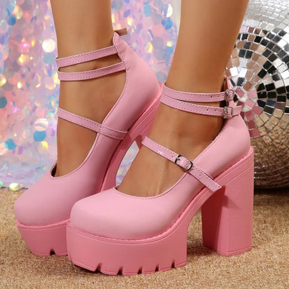 Pink Chunky Heeled Ankle Strap Pumps Sweet Platform Square Heel Woman High Heels Pumps Platform Shoes  Spring Woman Shoes