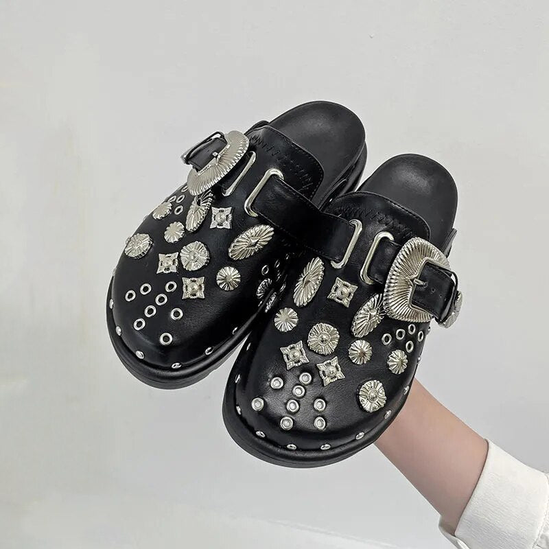 creamtopmall Summer Women Slippers Platform Rivets Punk Rock Leather Mules Creative Metal Fittings Casual Party Shoes Female Outdoor 0823