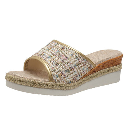 Antmvs  New Fashion Striped Platform Slippers Women Summer Canvas Wedge Sandals Woman Plus Size Non Slip Casual Slippers