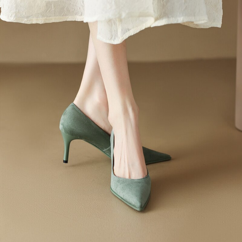 creamtopmall NEW Spring Women Shoes Pointed Toe Thin Heel Pumps for Women Sheep Suede High Heels Green Women Stiletto Heels zapatos de mujer