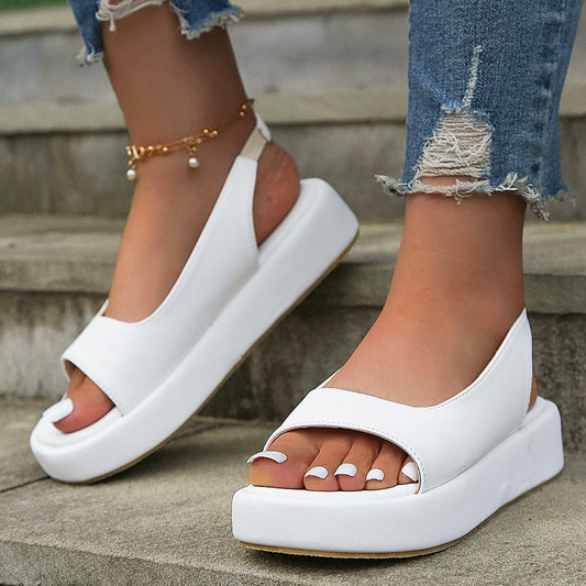 creamtopmall White PU Leather Platform Sandals Women Casual Back Strap Flat Sandals Woman  Summer Open Toe Non Slip Beach Shoes Plus Size