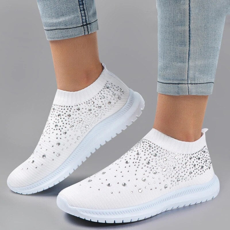 Antmvs Shining Crystal Flats Shoes for Women Plus Size Breathable Mesh White Sneakers Woman  Spring Summer Soft Sole Sports Shoes