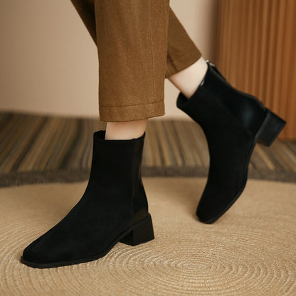 creamtopmall Autumn Women Short Boots Winter Suede Stitching Square Toe Lady Shoe Rear Zipper Thick Heel Fashion Solid Elastic Female Boot