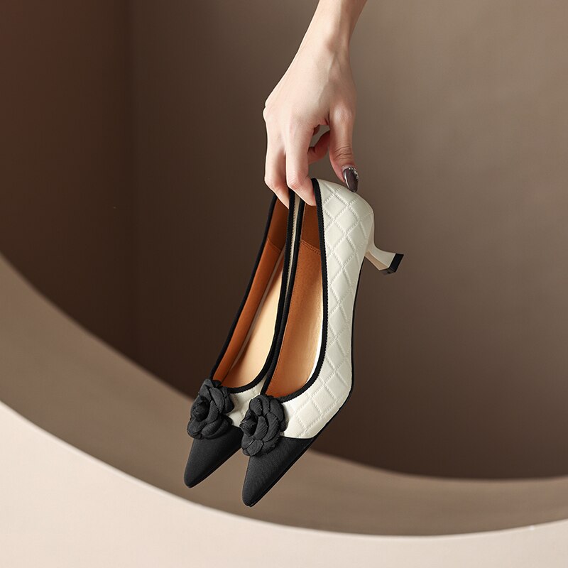 creamtopmall 2023 new Spring women pumps natural leather 22-24.5cm sheepskin+cowhide+pigskin pointed toe flower high heel shoes fashion