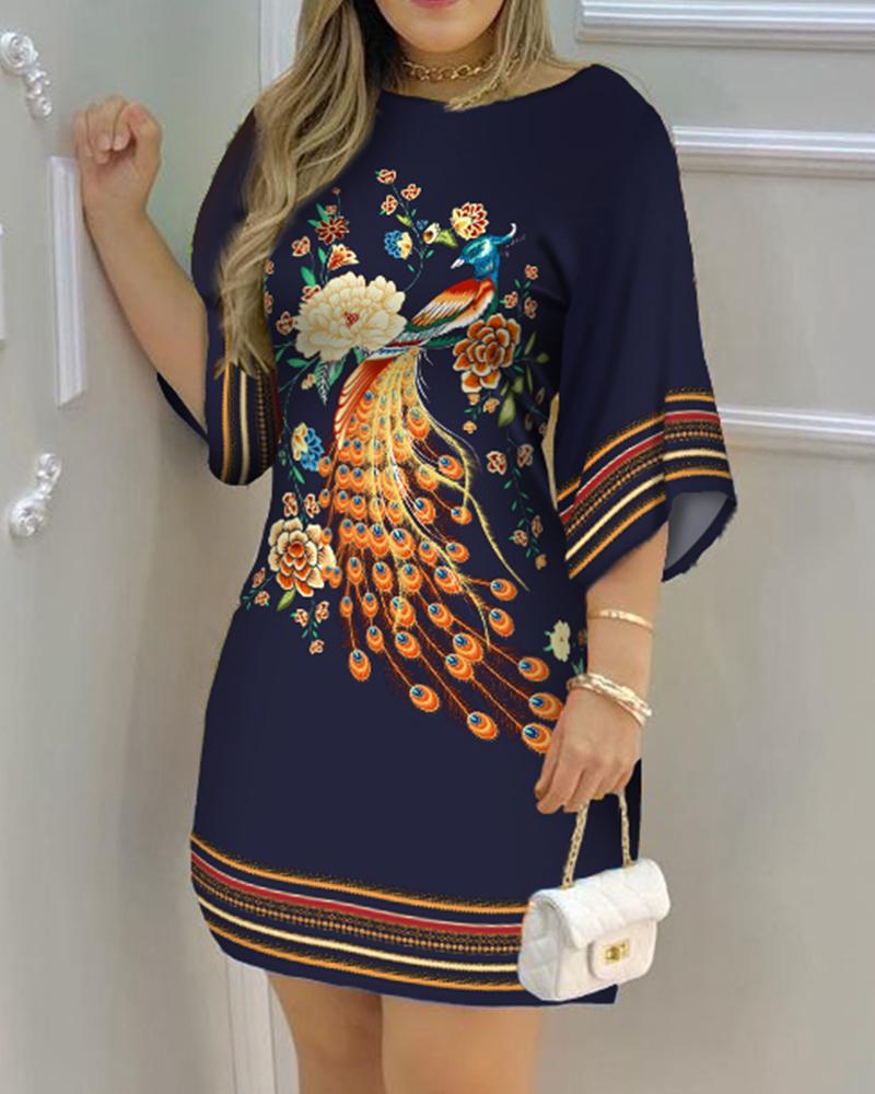 creamtopmall Women's Dresses 2023 Spring Fashion Peacock Print Casual Round Neck Long Sleeve Daily Mini Loose Dress