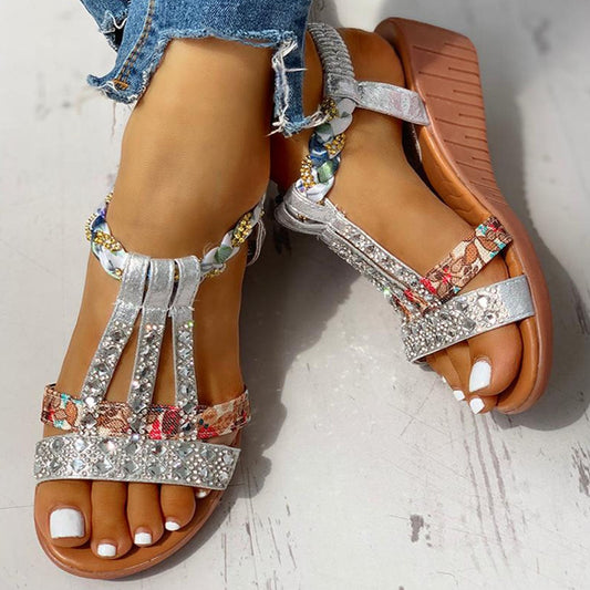 creamtopmall 2023 New Gladiator Wedge Heels Elastic Band Crystals Summer Women Shoes Woman Sandals Leisure Beach Sandals Large Size 35-43