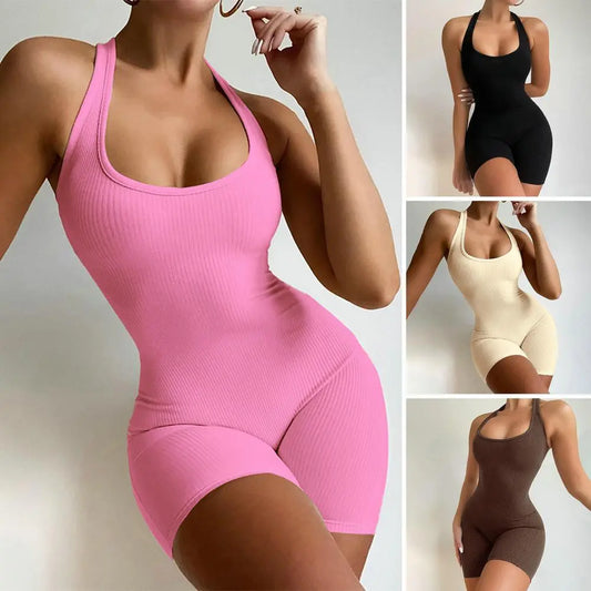 Antmvs-Sport Jumpsuit U-Neck Sleeveless Women Jumpsuit Ribbed Yoga Jumpsuit High Elastic Bodycon Jumpsuit Activity Streetwear