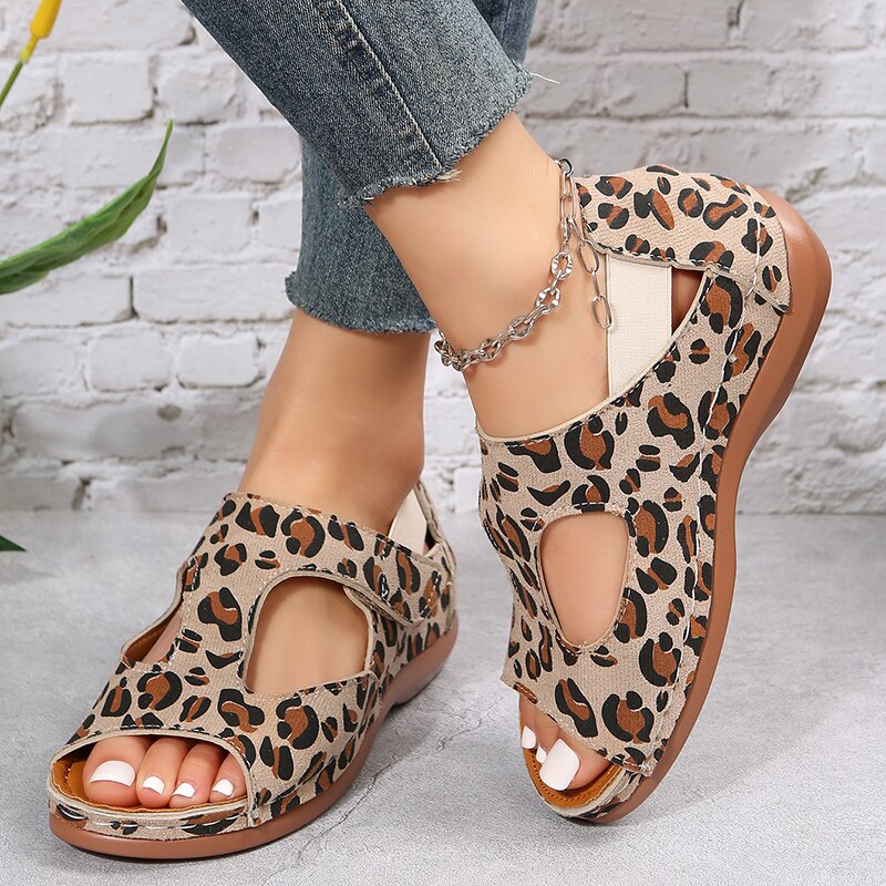 Antmvs Vintage Leopard Print Roman Sandals Women Peep Toe Hollow Out Wedge Sandalias Mujer  Thick Sole Non Slip Summer Shoes Woman