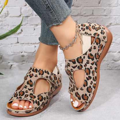 creamtopmall Vintage Leopard Print Roman Sandals Women Peep Toe Hollow Out Wedge Sandalias Mujer 2023 Thick Sole Non Slip Summer Shoes Woman