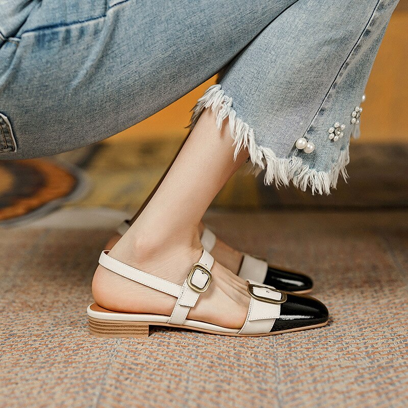 creamtopmall Retro Ladies Flats Elegant Metal Buckle Fashionable Female Sandals Square Toe Office Color-stitching Women's Single Shoes