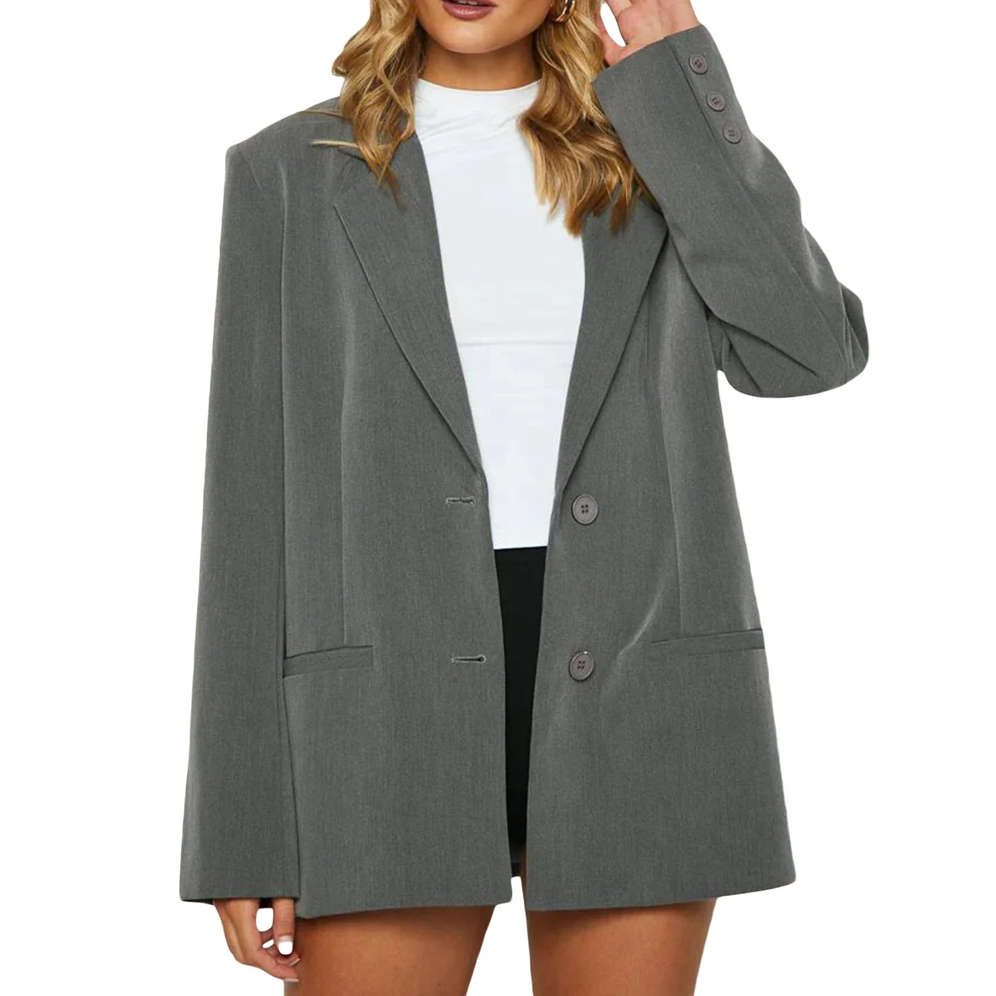 creamtopmall-Women's Temperament Loose Blazer, Solid Color Long Sleeve Single Breasted Coat Work Office Jacket Clothing