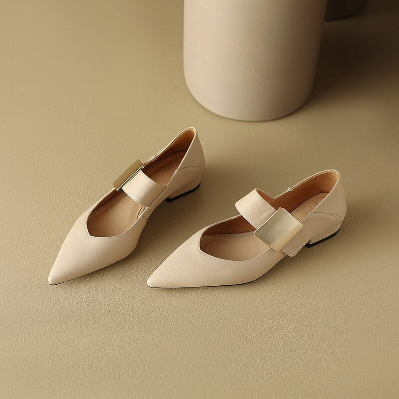 Antmvs  new spring women pumps natural leather 22-24.5cm length cowhide+pigskin full leather Metal square Buckle Mary Jane shoes