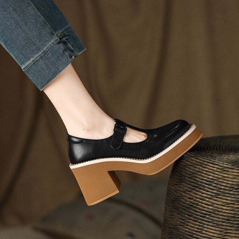 creamtopmall NEW Spring Women Shoes Round Toe Chunky Heel Mary Janes Split Leather Platform Shoes for Women Fashion Solid High Heels Women