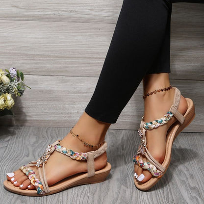 creamtopmall Women Wedges Bohemian Sandals Summer 2023 Flower Non Slip Beach Sandalias Mujer Elastic Band Low Heels Roman Shoes Woman