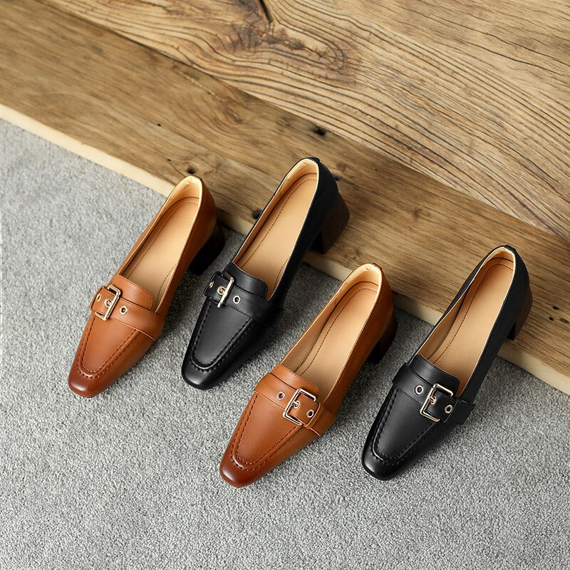 Antmvs  new women pumps natural leather 22-25cm length cowhide+pigskin full leather Square toe Buckle Square heel ladies shoes